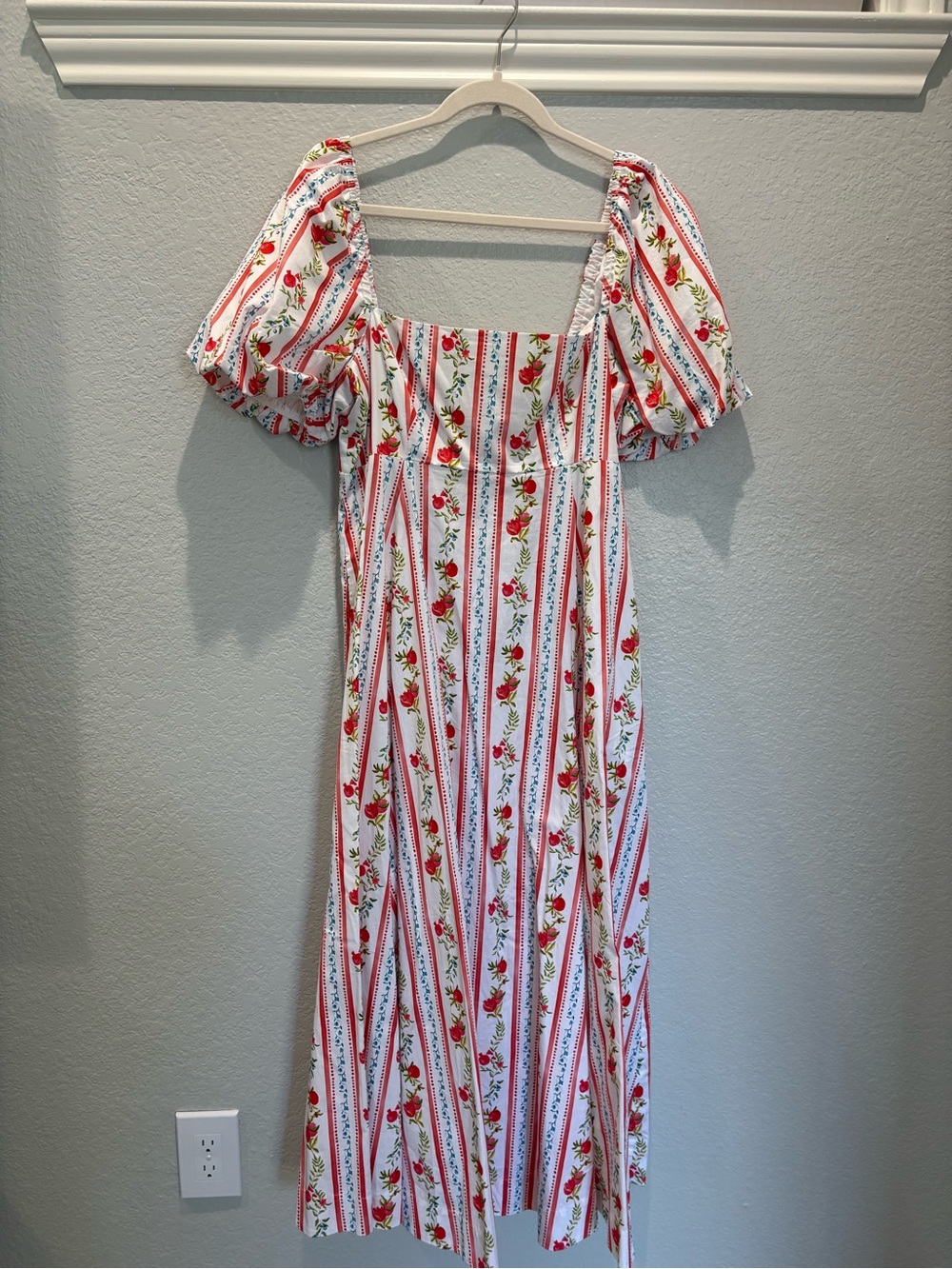 Hill House Floral Stripe Midi Dress in White and Red